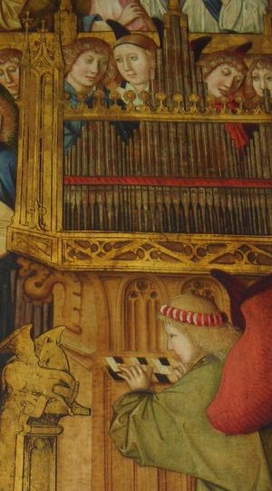 Tafelbild "Krönung Mariä" (Meister von Maria am Gestade, 1460): Detail mit Orgel